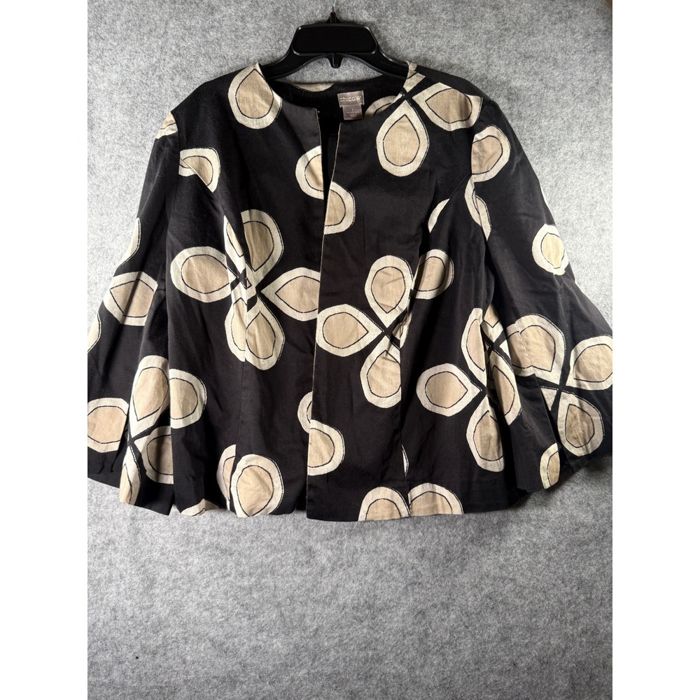 Chicos Womens Black Tan Abstract Floral Open Front Swing Jacket Size 1 M 8 10